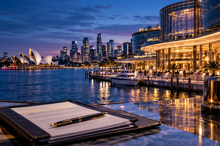 Sydney vízparti épületei és üzleti dokumentumok