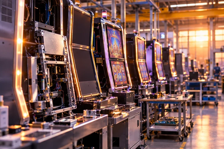 Játékgépek és fényes kijelzők egy játékteremben