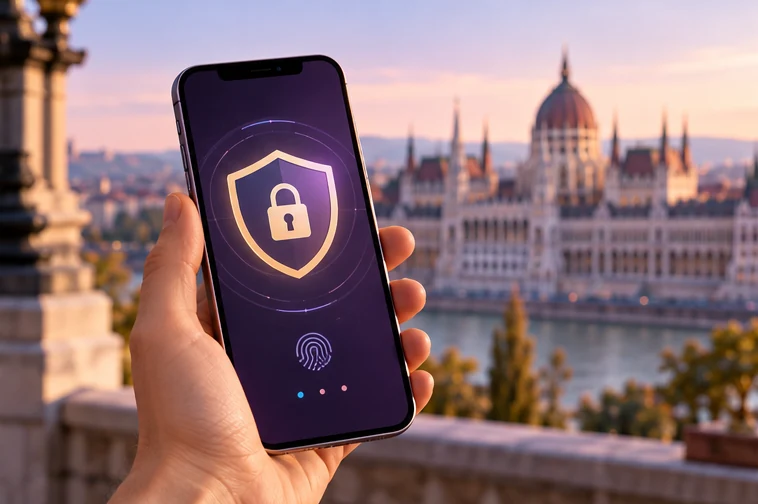 Kétlépcsős belépésre utaló mobiltelefon Budapesttel a háttérben